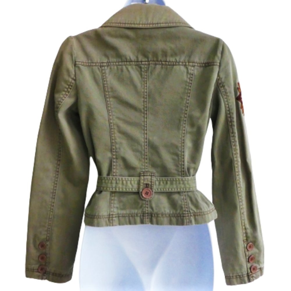Vintage Military Khaki Jacket Cotton Belted Fitted Puff Sleeves Patches Star S - Picture 3 of 6